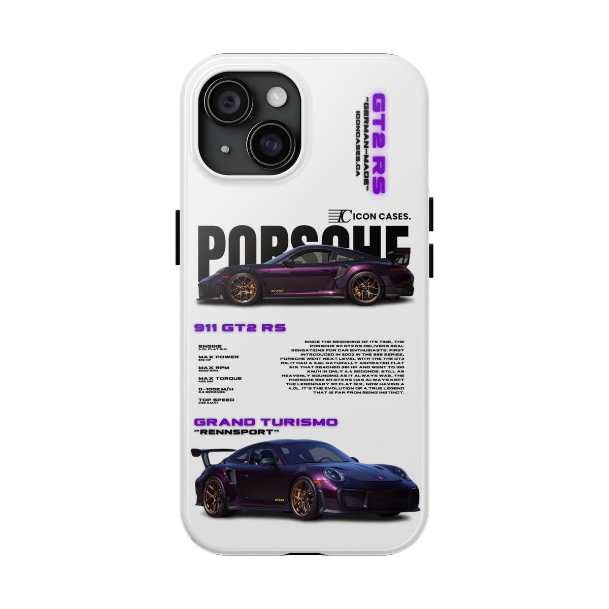 Porsche 911 GT2 RS Purple White Premium Tough Shining Phone Case (Double Layer) Available For All iPhone Models