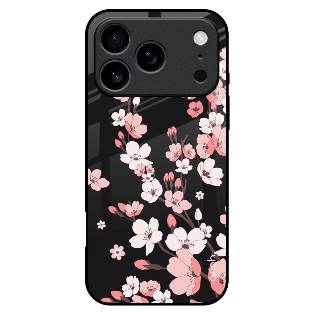 Black Cherry Blossom Glass Case for iPhone 17 Pro Max
