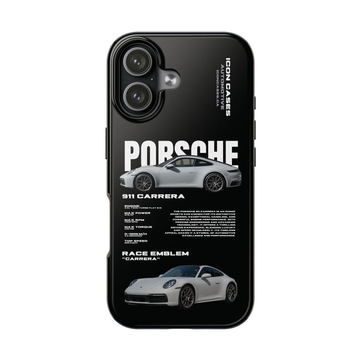 Porsche 911 Carrera (992) Black Premium Tough Shining Phone Case (Double Layer) Available For All iPhone Models