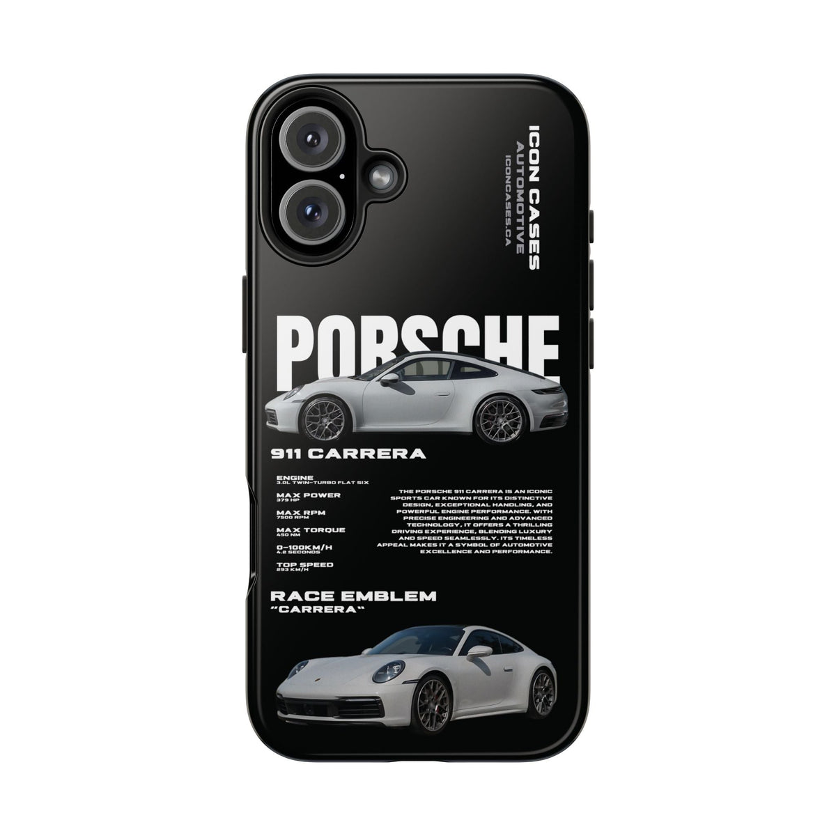 Porsche 911 Carrera (992) Black Premium Tough Shining Phone Case (Double Layer) Available For All iPhone Models