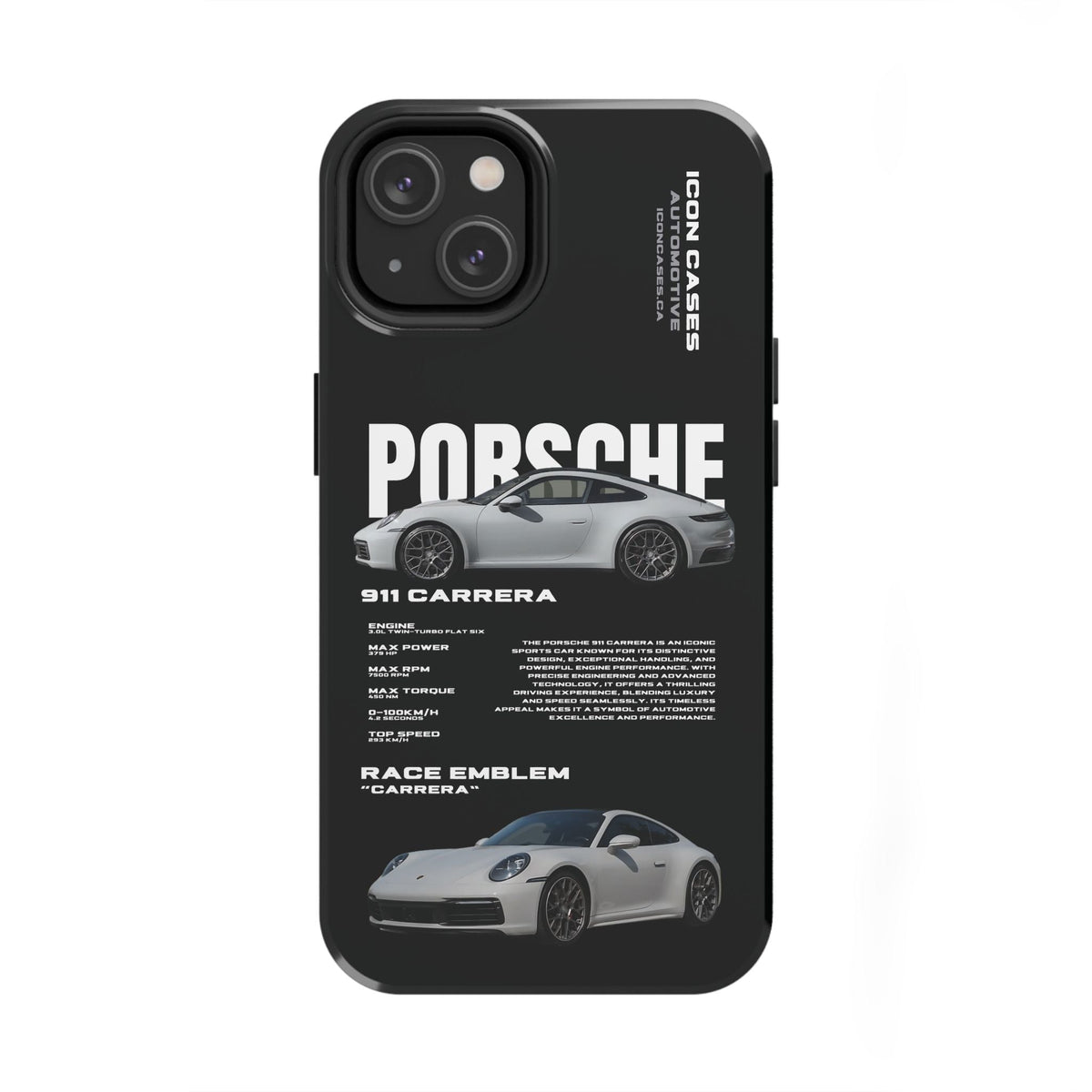 Porsche 911 Carrera (992) Black Premium Tough Shining Phone Case (Double Layer) Available For All iPhone Models