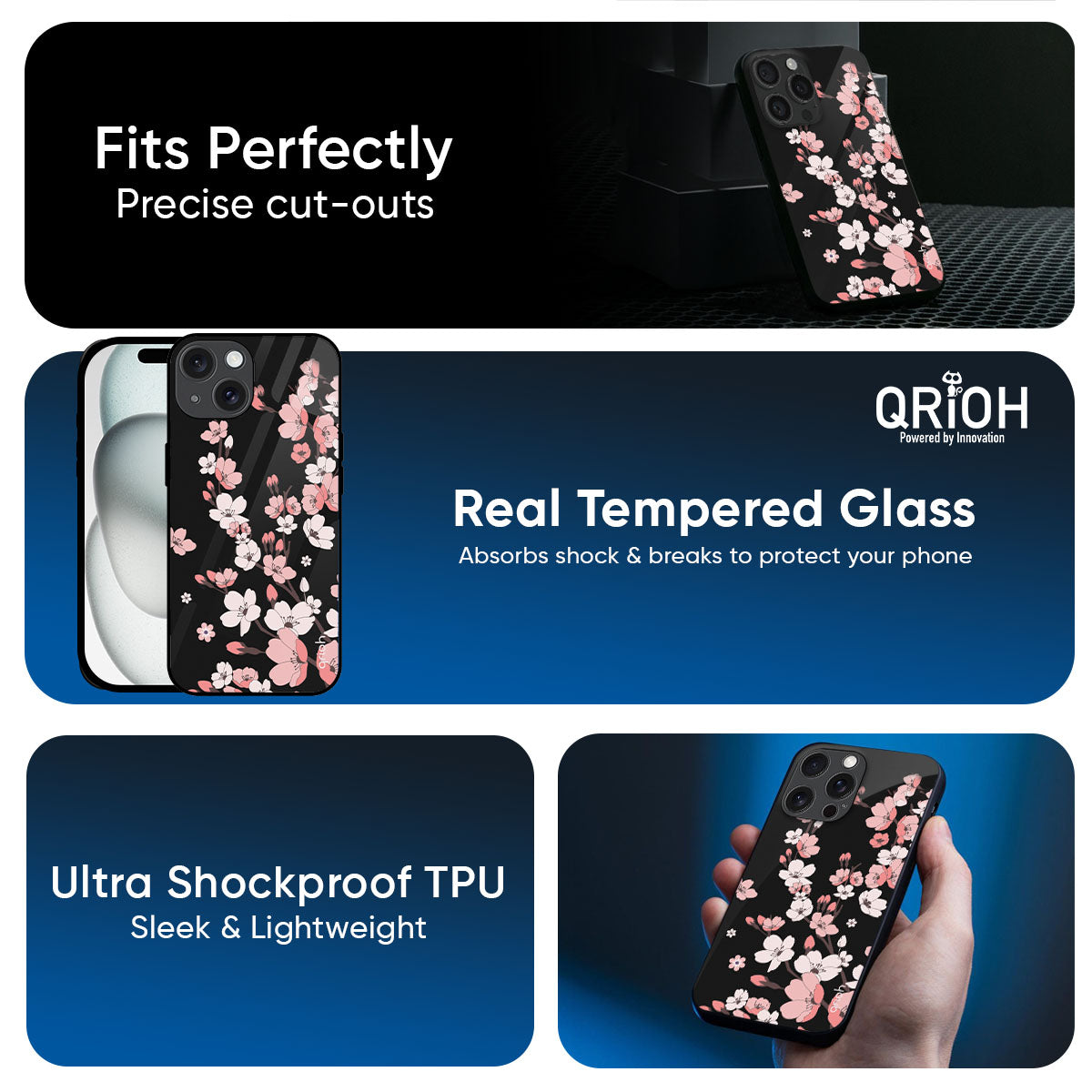Black Cherry Blossom Glass Case for iPhone 17 Pro Max