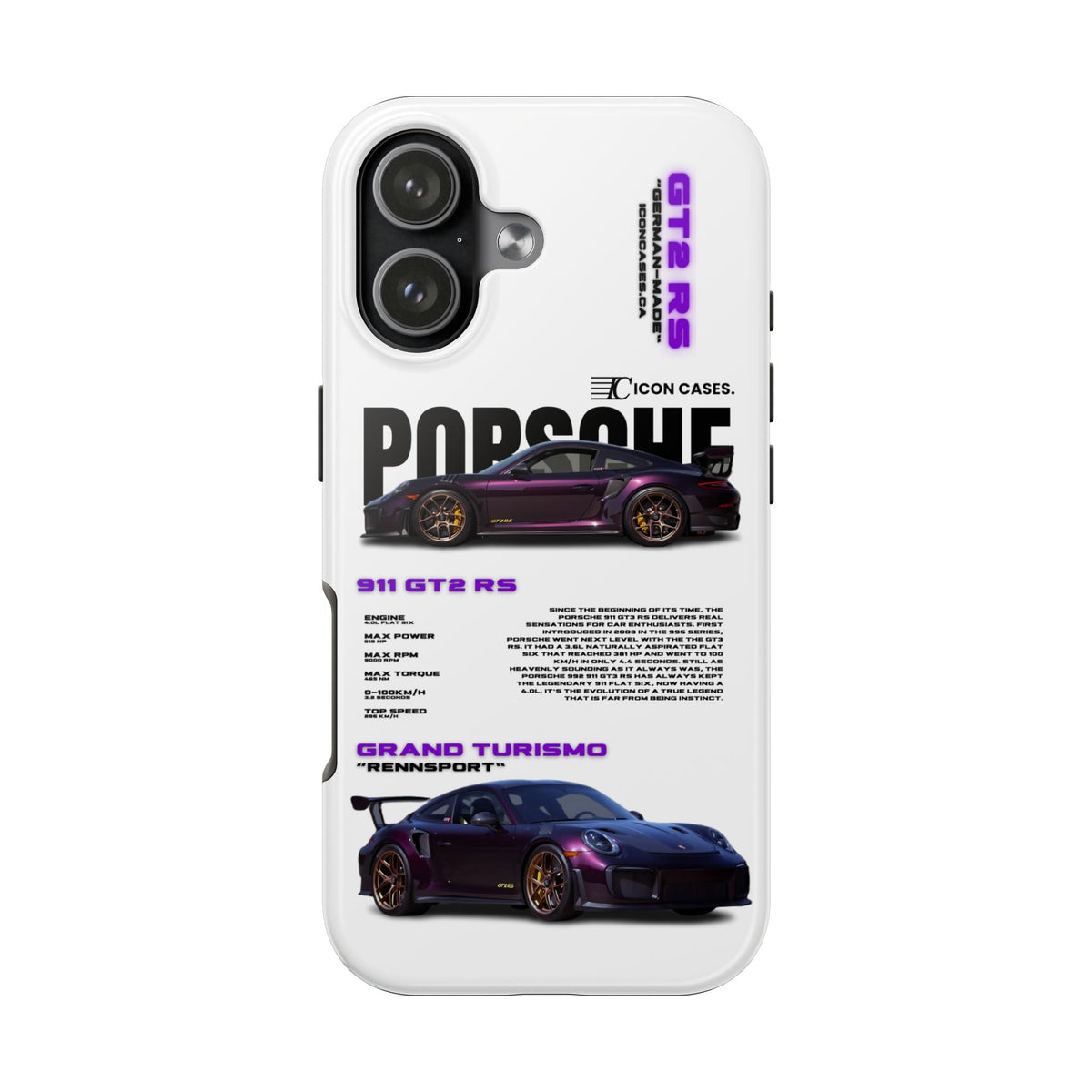 Porsche 911 GT2 RS Purple White Premium Tough Shining Phone Case (Double Layer) Available For All iPhone Models
