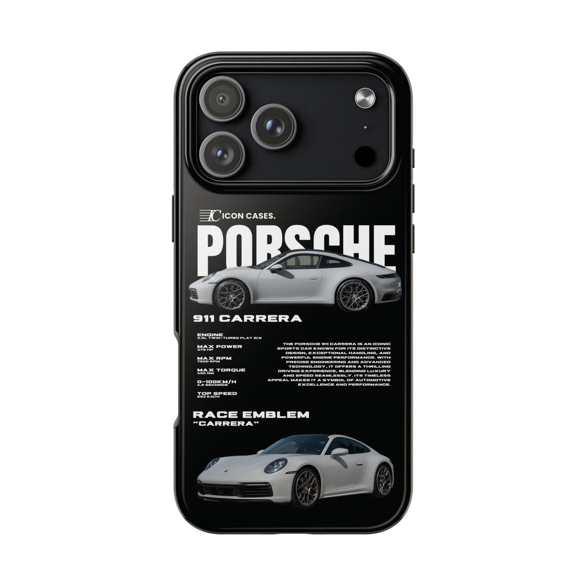 Porsche 911 Carrera (992) Black Premium Tough Shining Phone Case (Double Layer) Available For All iPhone Models