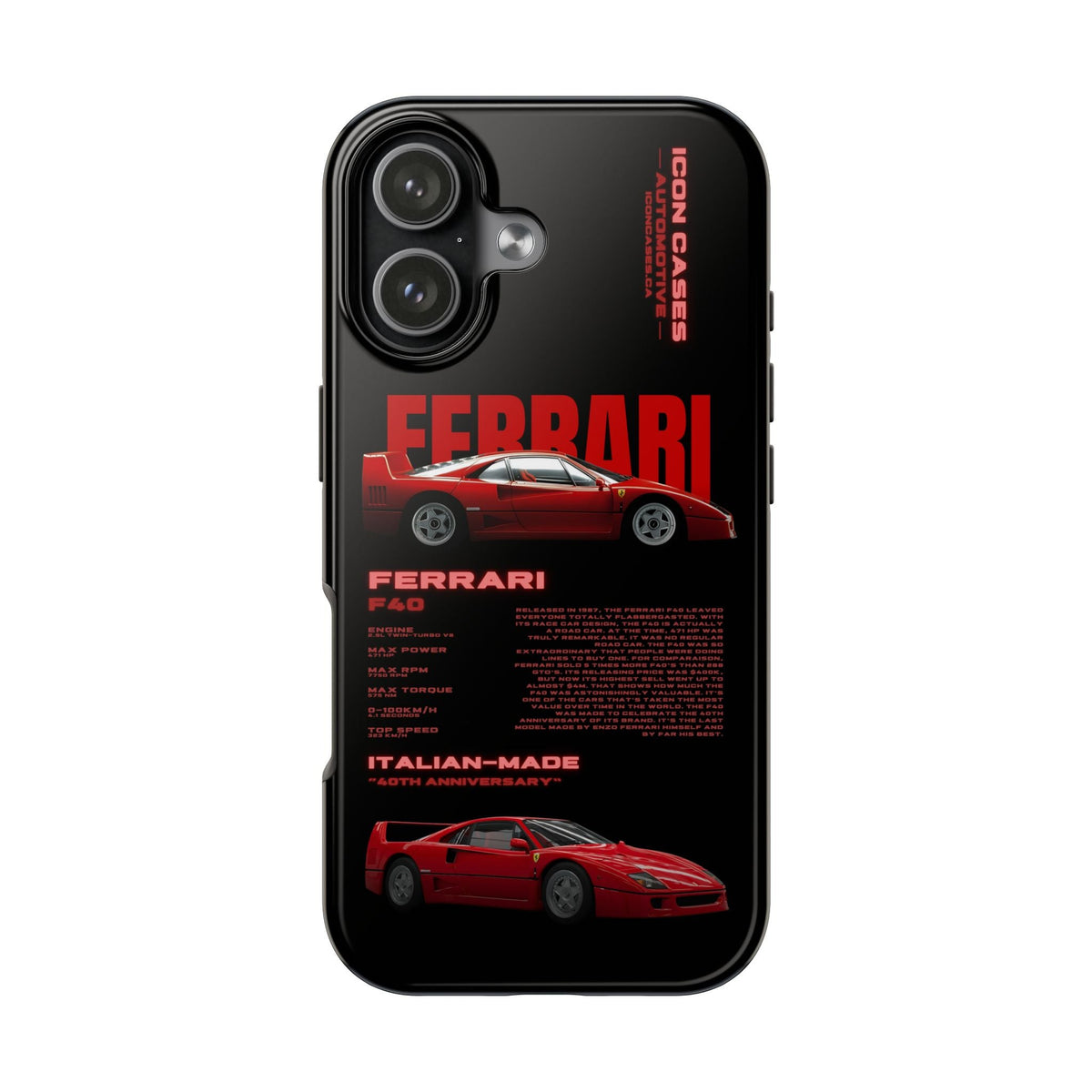 Ferrari F40 Black Premium Tough Shining Phone Case (Double Layer) Available For All iPhone Models
