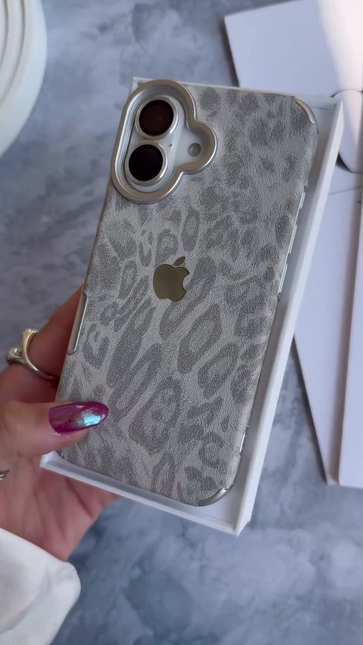 Leopard Luxe – Premium Leather iPhone Case with Metal Frame & Apple Logo