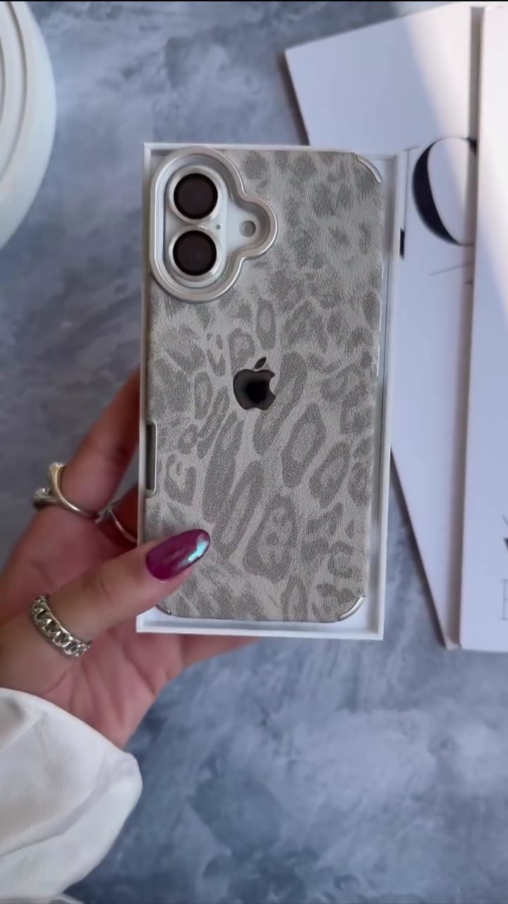 Leopard Luxe – Premium Leather iPhone Case with Metal Frame & Apple Logo