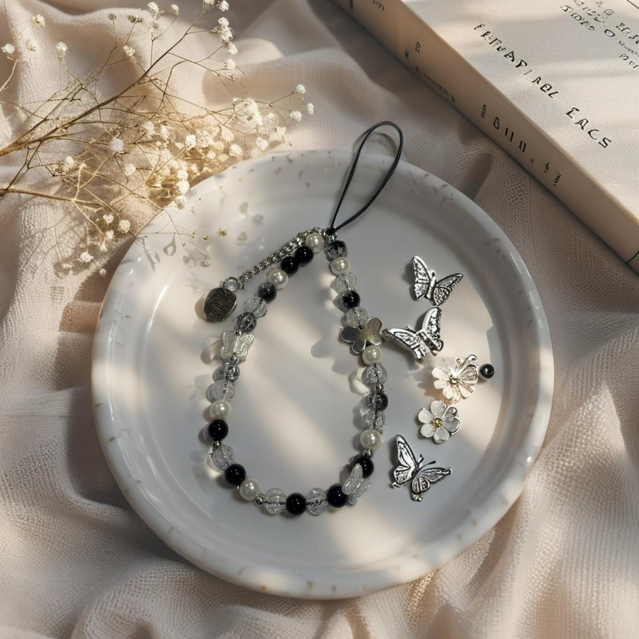 Black Butterfly Pearl Charms/ Chain